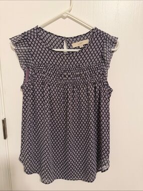 LOFT Purple Printed Smocked Cap Sleeve Blouse